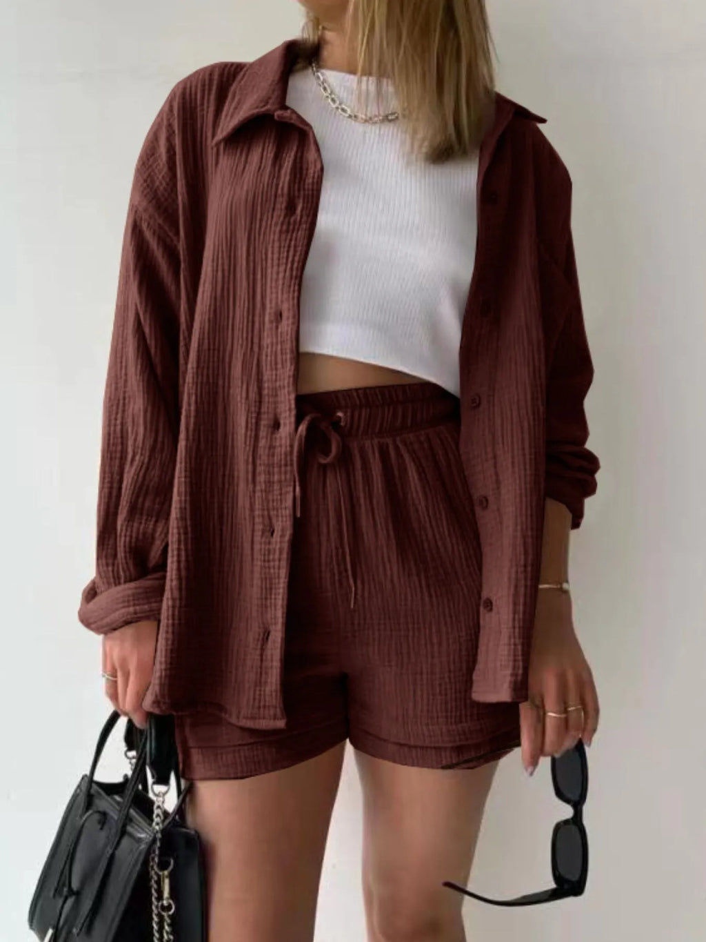 Textured Button Up Shirt Shorts Set (8)