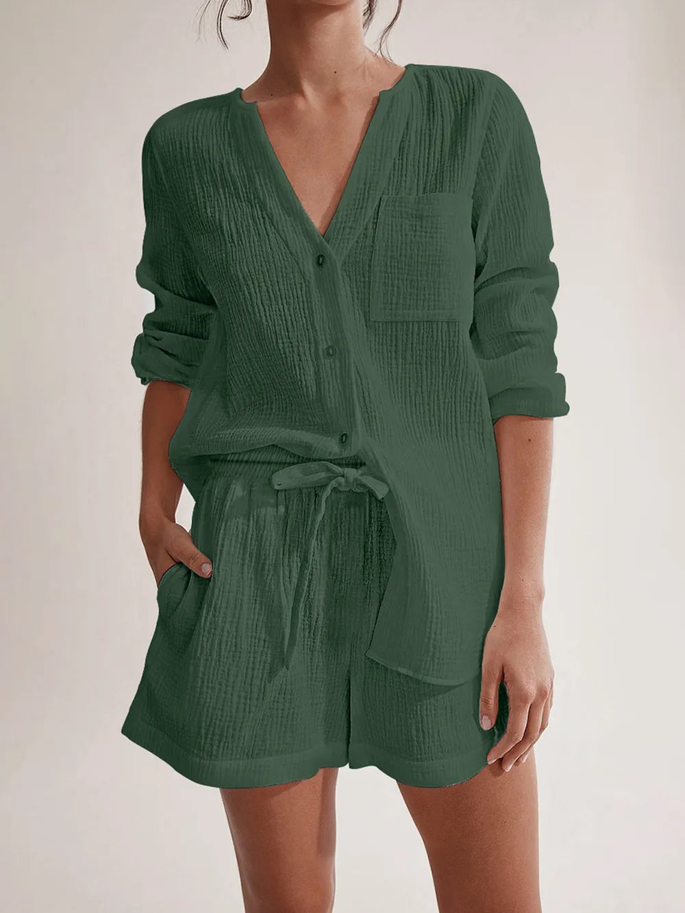 Notched Long Sleeve Top Shorts Set (4)