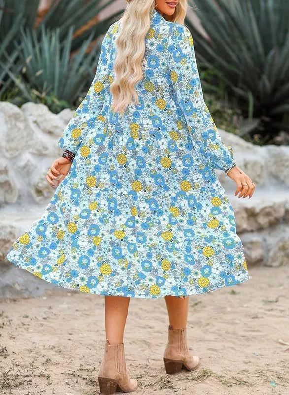 Floral Print Balloon Sleeve Midi Dress (9)