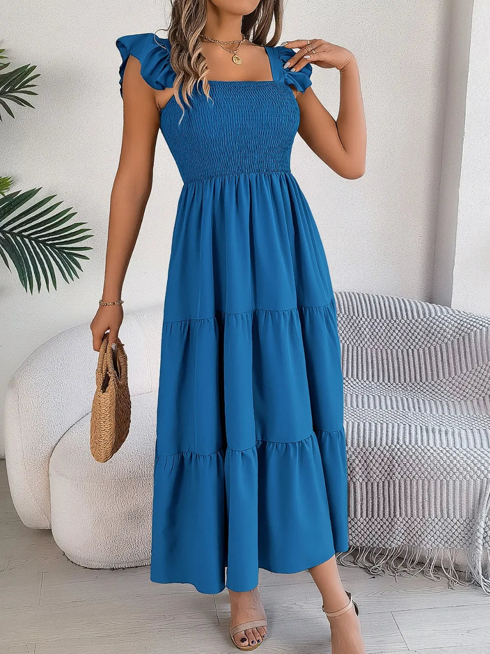 Smocked Square Neck Cap Sleeve Midi Dress (6)