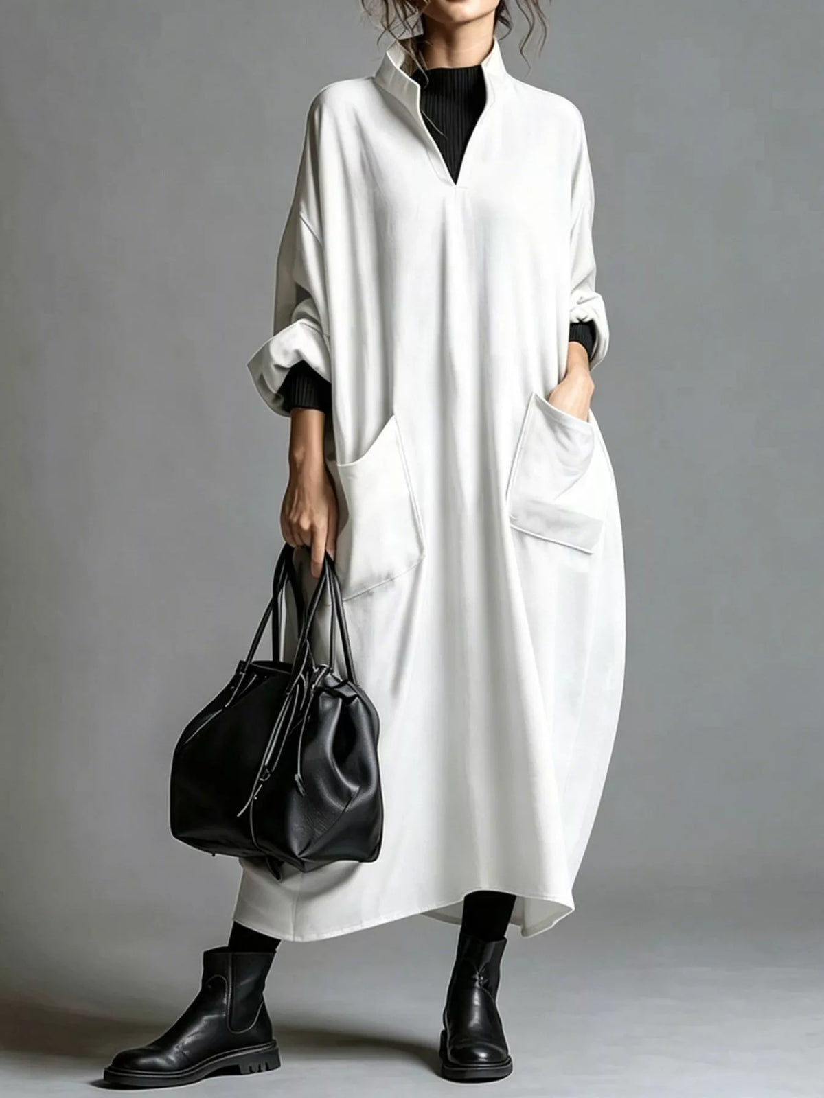 Full Size Loose-fit Mock Neck Midi Dress Pockets Plus (9)