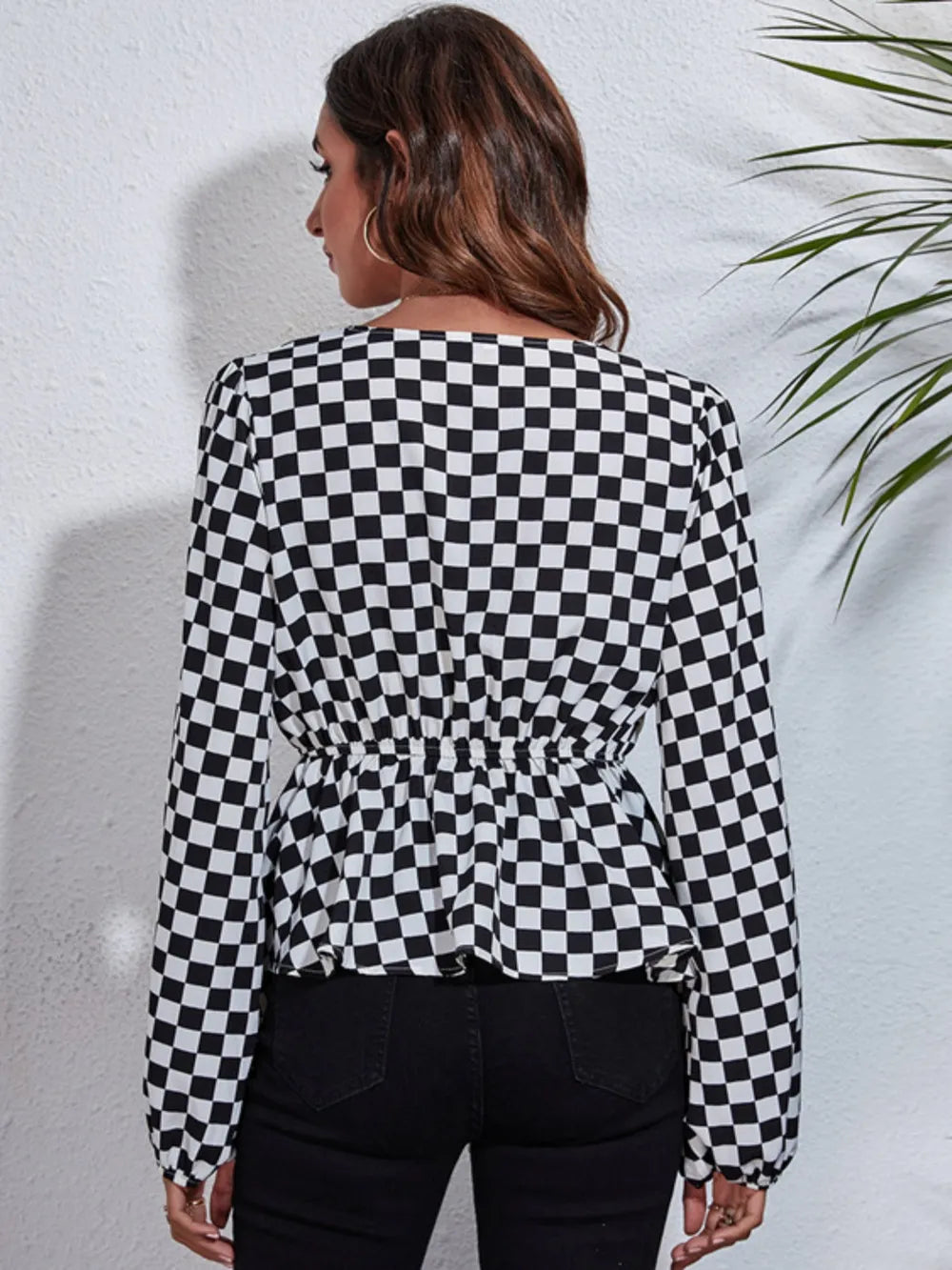 Ruched Printed V-neck Long Sleeve Blouse (6)
