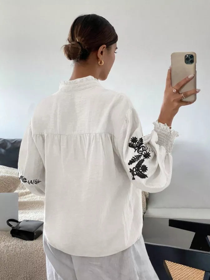 Embroidered Notched Long Sleeve Blouse (5)