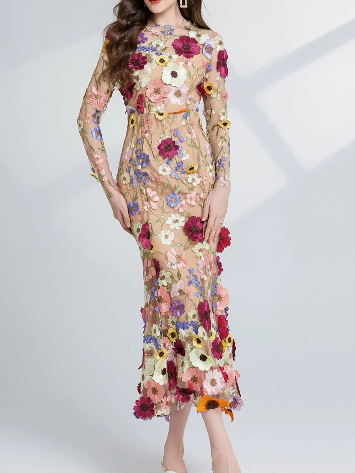 Floral Embroidered Mesh Long Sleeve Midi Dress (5)