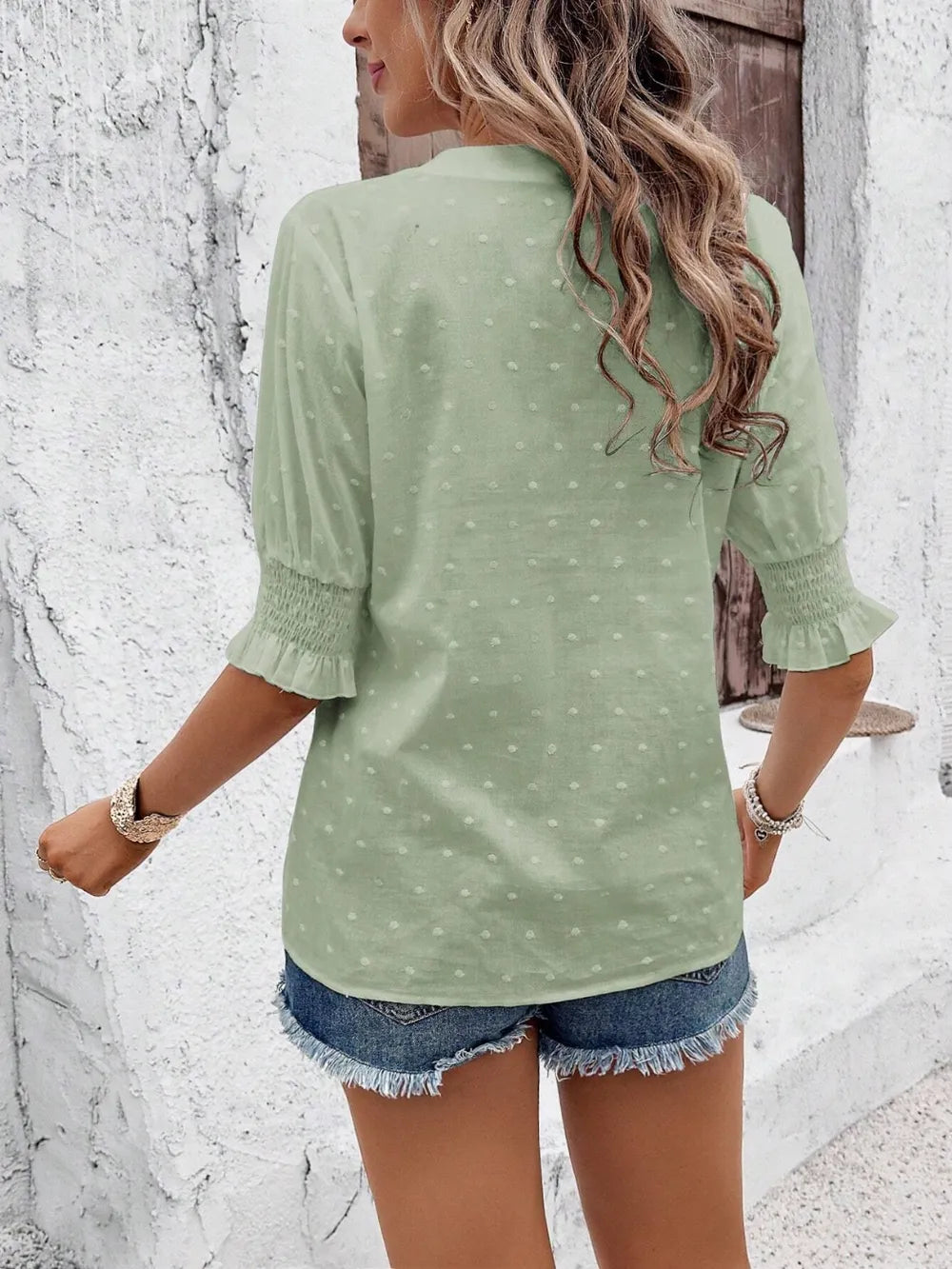 Eyelet Notched Flounce Sleeve Blouse (11)