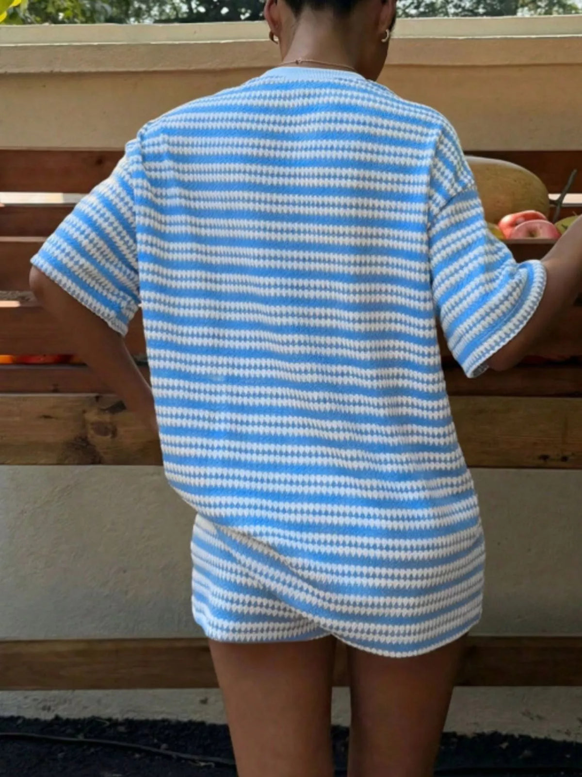 Striped Short Sleeve Top Shorts Set (15)