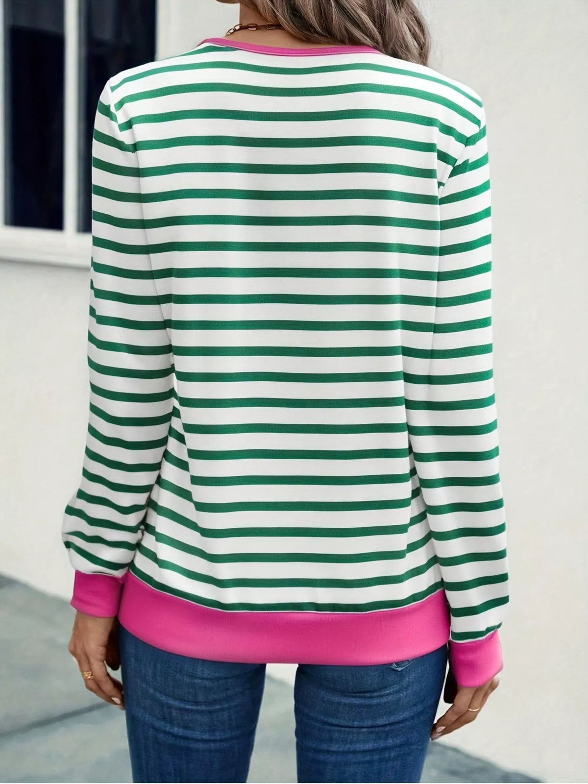 Striped V-neck Long Sleeve T-shirt (3)