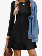 Ribbed Knit Long Sleeve A-line Dress (7)