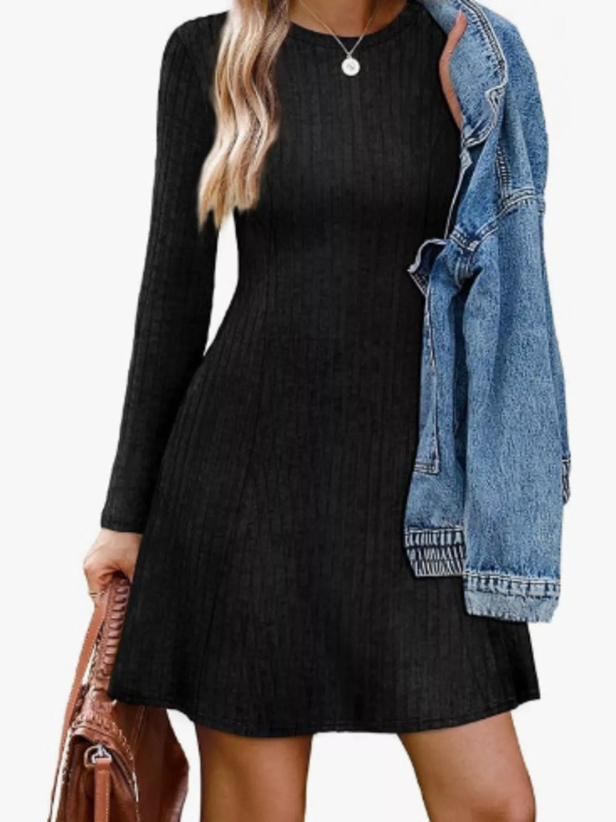 Ribbed Knit Long Sleeve A-line Dress (7)