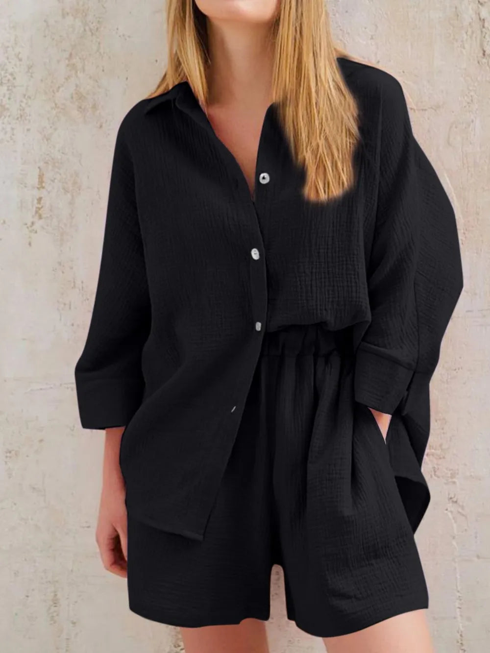 Texture Button Up Shirt Shorts Set (10)