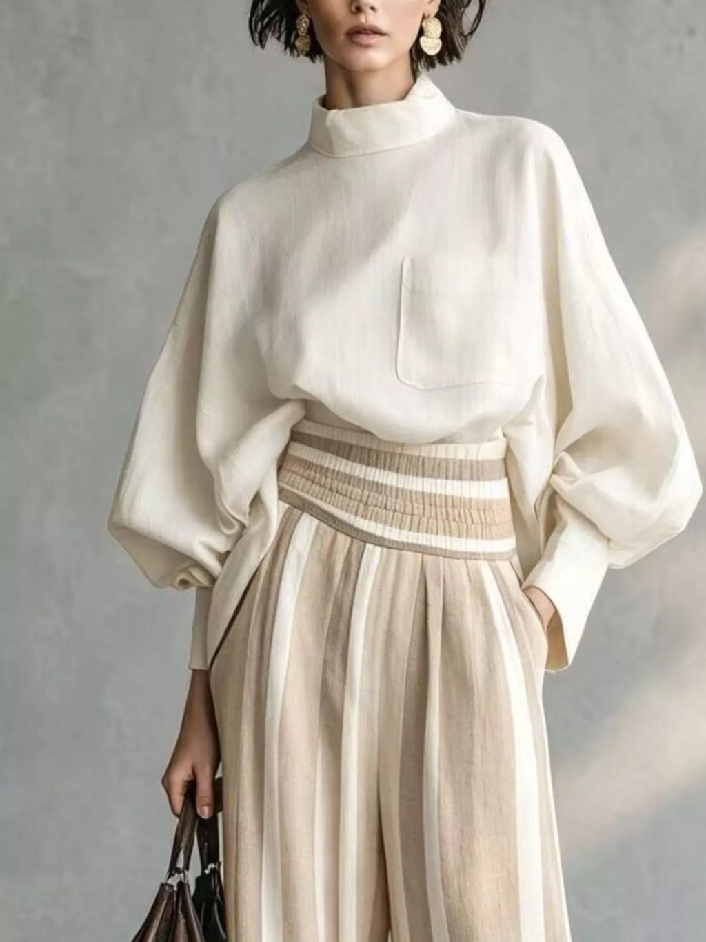 Full Size Mock Neck Top Striped Wide-leg Pants Set Plus (2)
