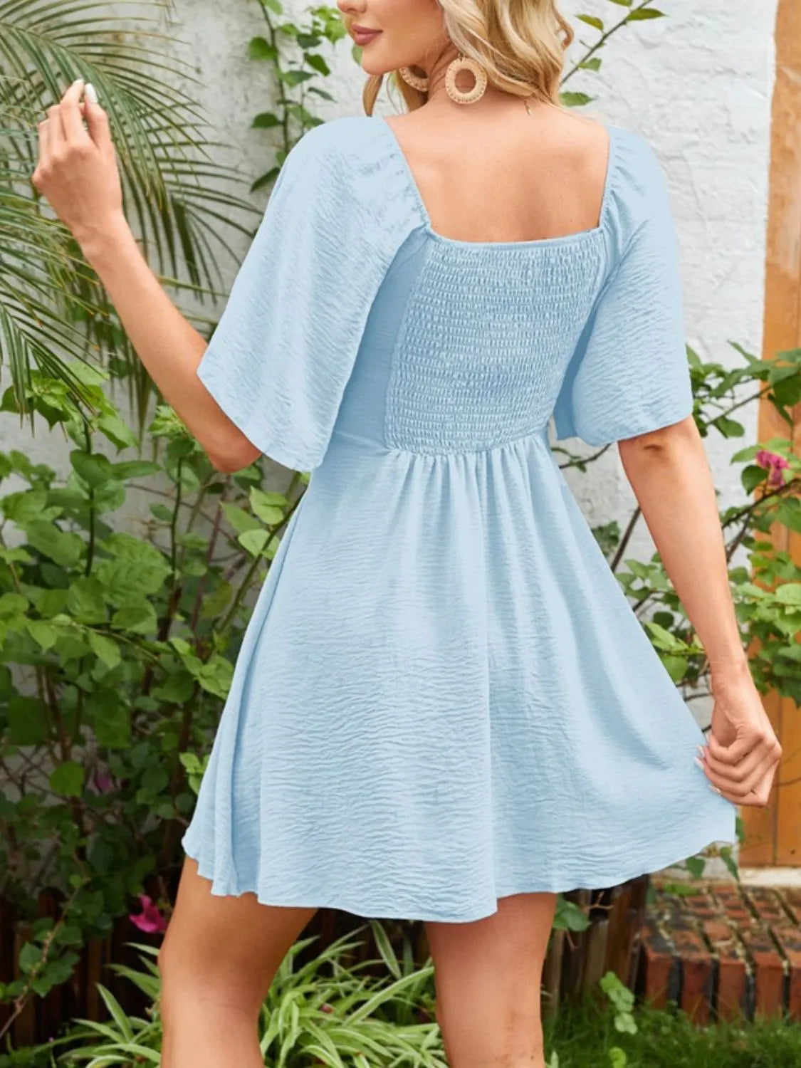 Smocked Back Knotted Flutter Sleeve Dress (25)