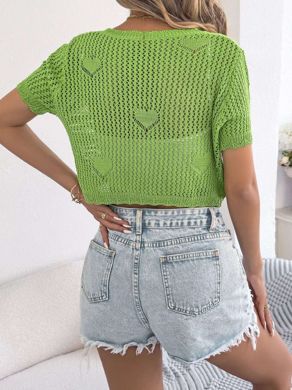 Crochet Heart Pattern Tie Front Cardigan (15)