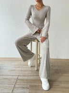 Ribbed V-neck Long Sleeve Top Pocketed Pants Set (4)