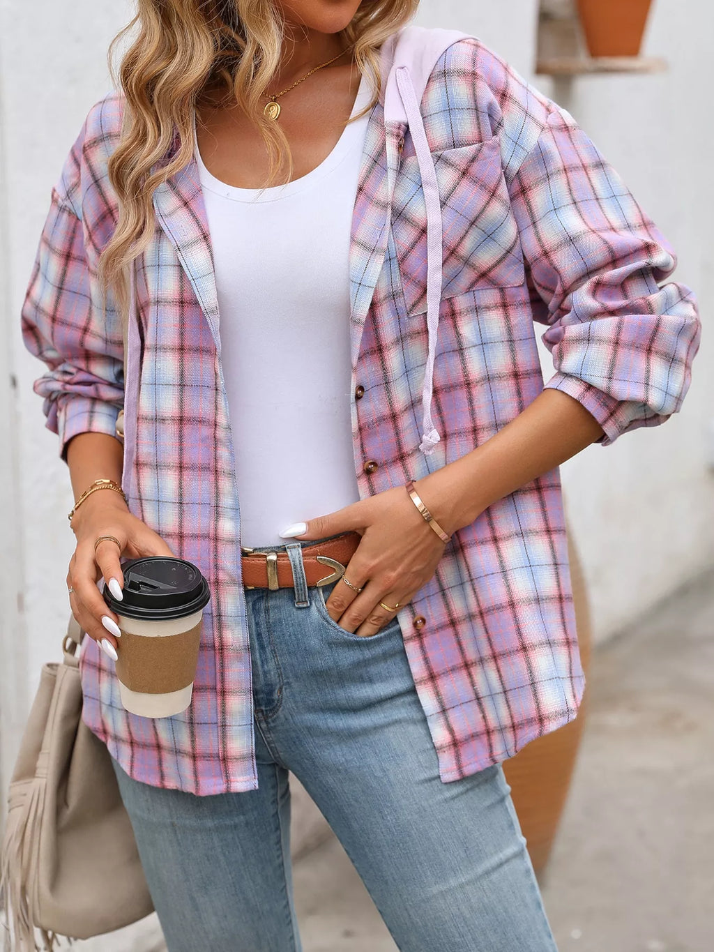 Plaid Button-up Hooded Shirt Chest Pocket (2)