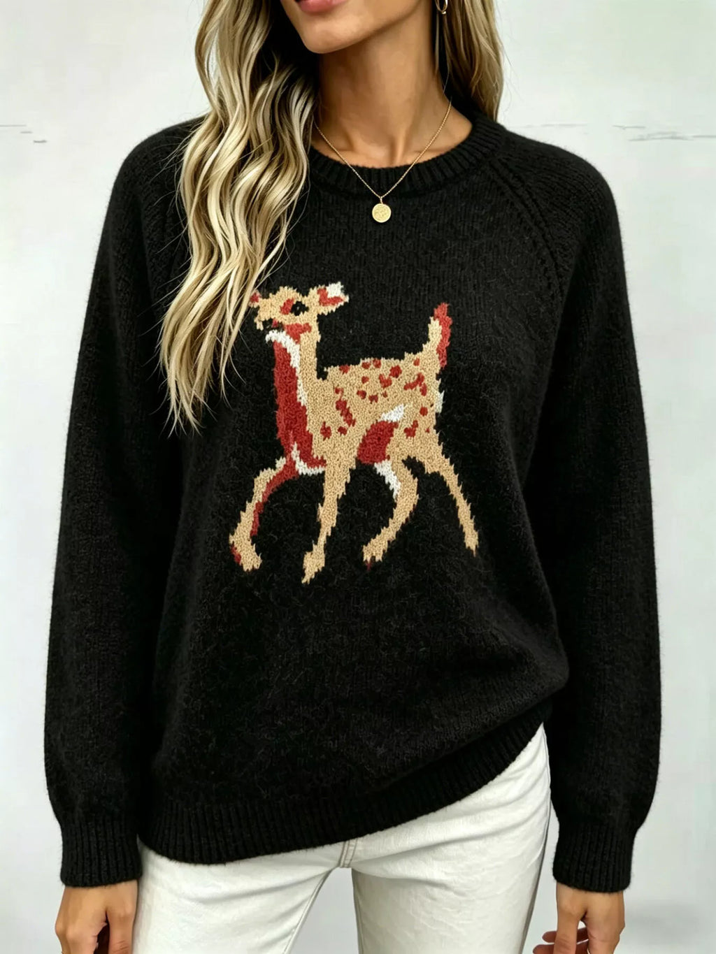 Deer Pattern Raglan Sleeve Sweater (8)