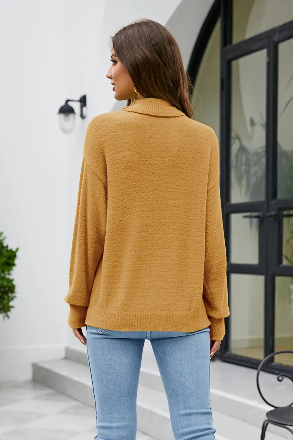 Mock Neck Dropped Shoulder Long Sleeve Sweater (10)