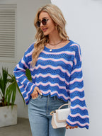 Round Neck Openwork Flare Sleeve Knit Top (11)
