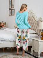 Round Neck Top Printed Pants Lounge Set (26)