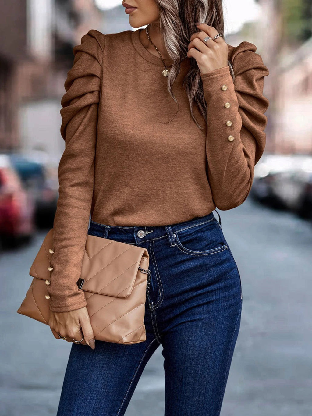 Decorative Button Puff Sleeve T-shirt (9)