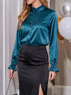 Elegant Button Down Ruffle Trim Satin Shirt (12)