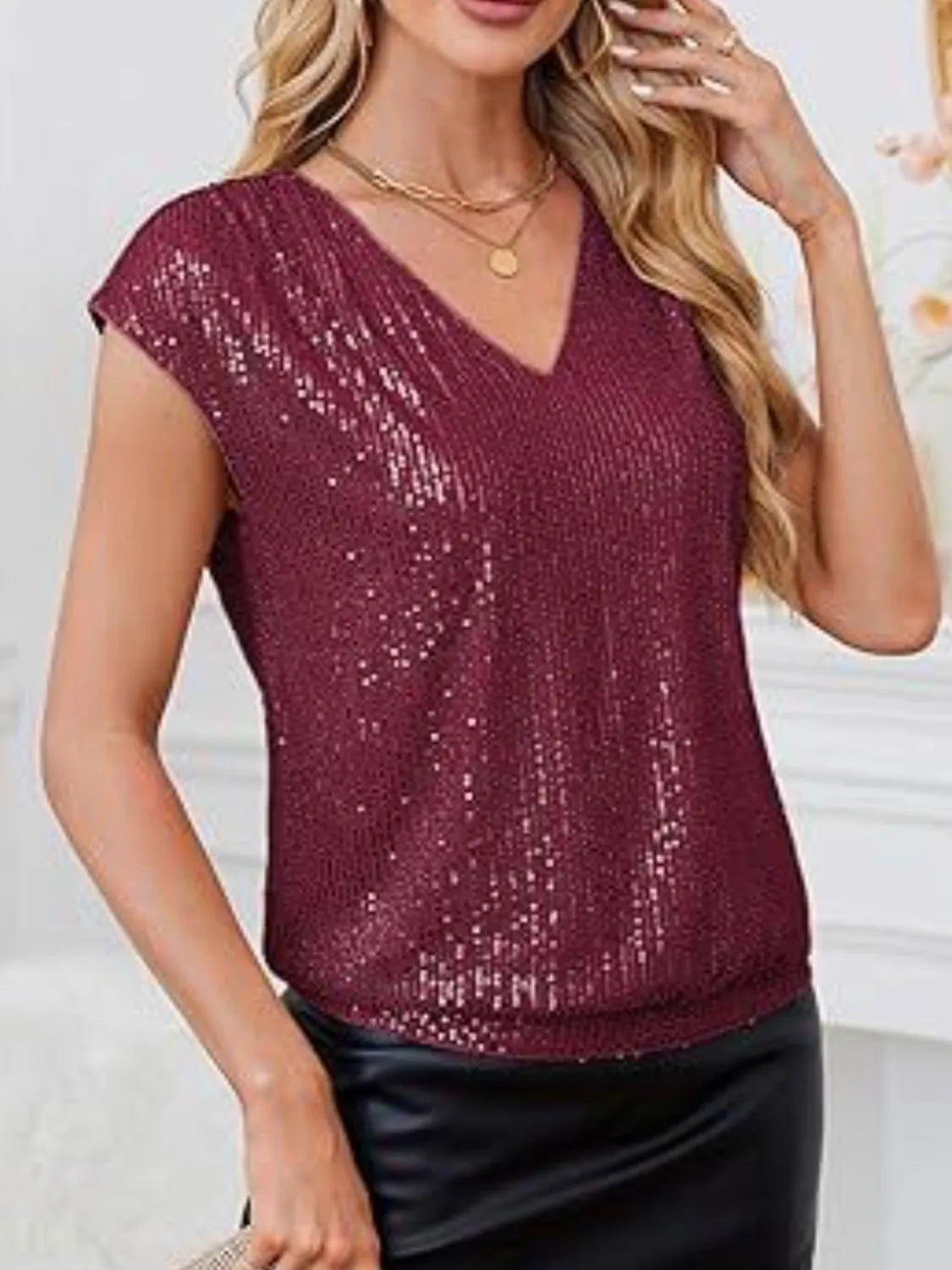 V-neck Sequin Cap Sleeve Top (3)