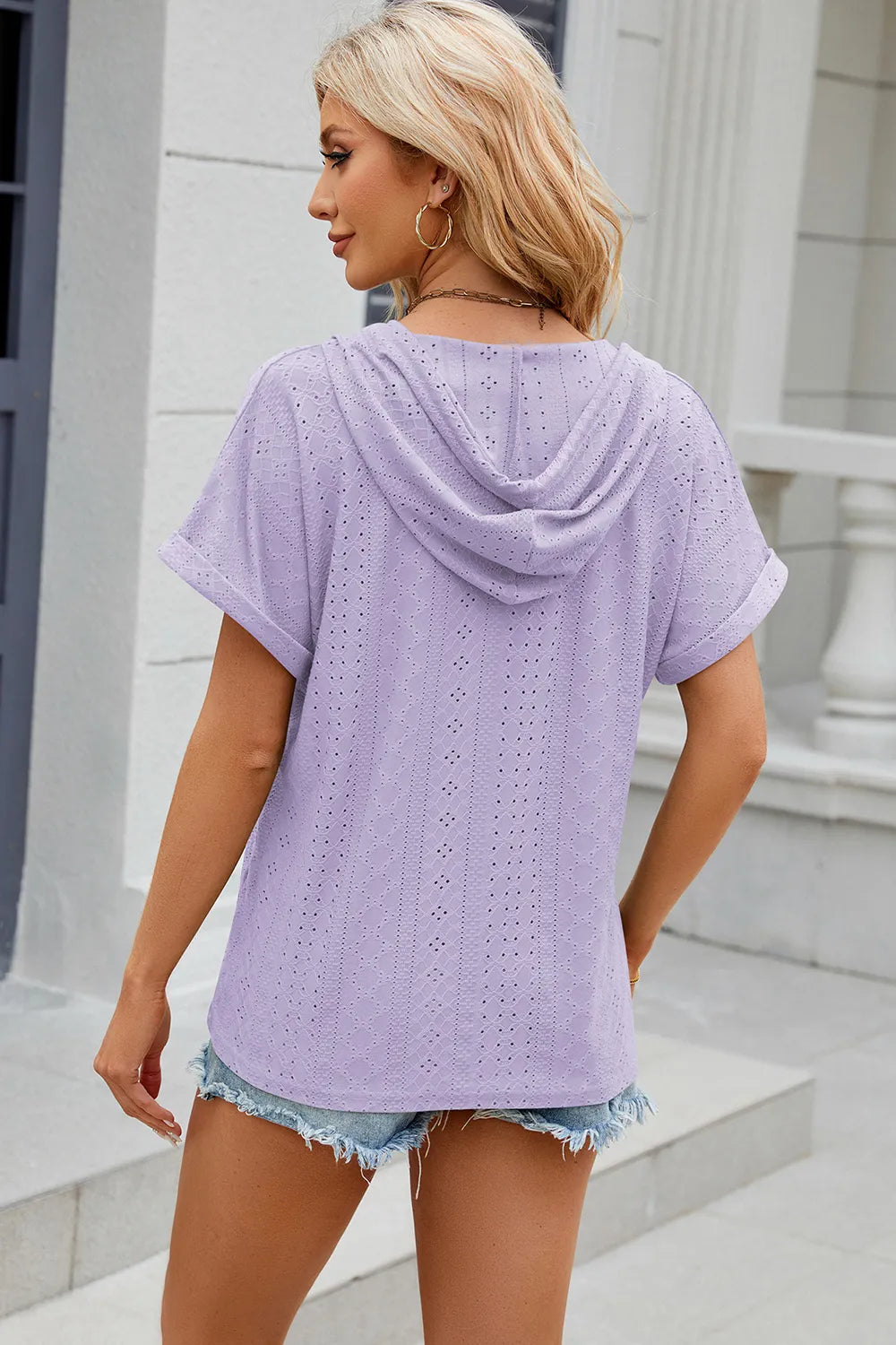 Eyelet Drawstring Hooded Short Sleeve Blouse (36)