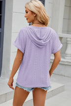 Eyelet Drawstring Hooded Short Sleeve Blouse (36)