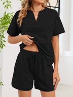 Notched Short Sleeve Top Shorts Set (16)