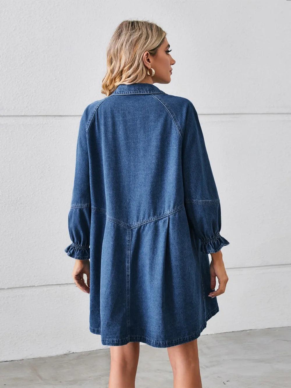 Button Up Flounce Sleeve Mini Denim Dress (9)