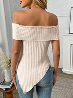 Ribbed Off-shoulder Asymmetrical Hem T-shirt (24)