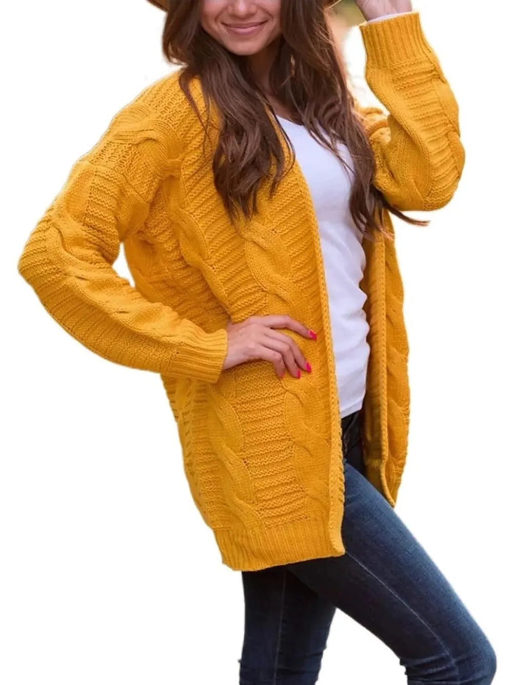 Cable-knit Open Front Long Sleeve Cardigan (6)