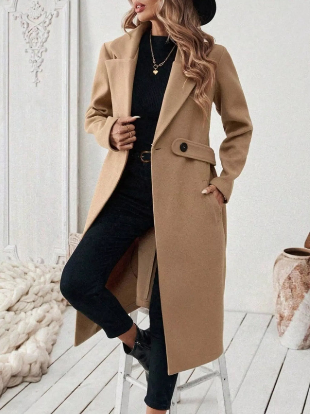 Full Size Elegant Lapel Collar Belted Coat Pockets Plus (17)