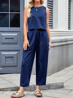 Plaid Round Neck Sleeveless Top Pants Set (14)