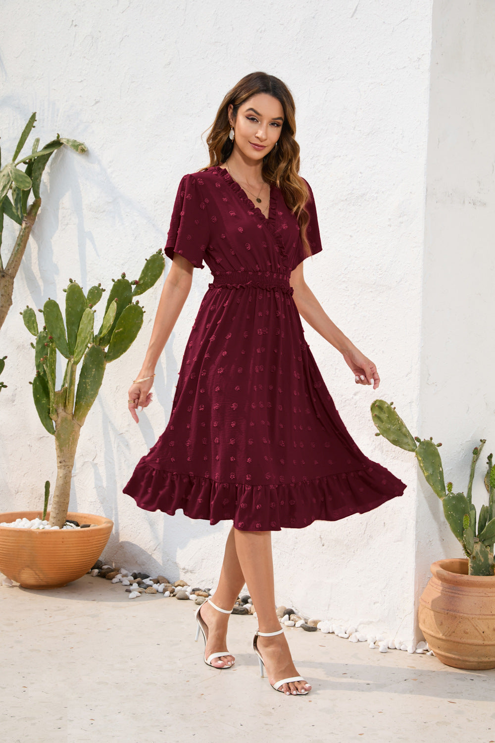 V-neck High Waist Tied Dress Fur Ball Short Sleeve variant CJLY232795301AZ|CJLY232795302BY|CJLY232795303CX|CJLY232795304DW|CJLY232795305EV