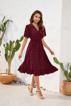 V-neck High Waist Tied Dress Fur Ball Short Sleeve variant CJLY232795301AZ|CJLY232795302BY|CJLY232795303CX|CJLY232795304DW|CJLY232795305EV