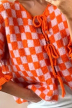 Tied Checkered Dropped Shoulder Flounce Sleeve Cardigan (10)