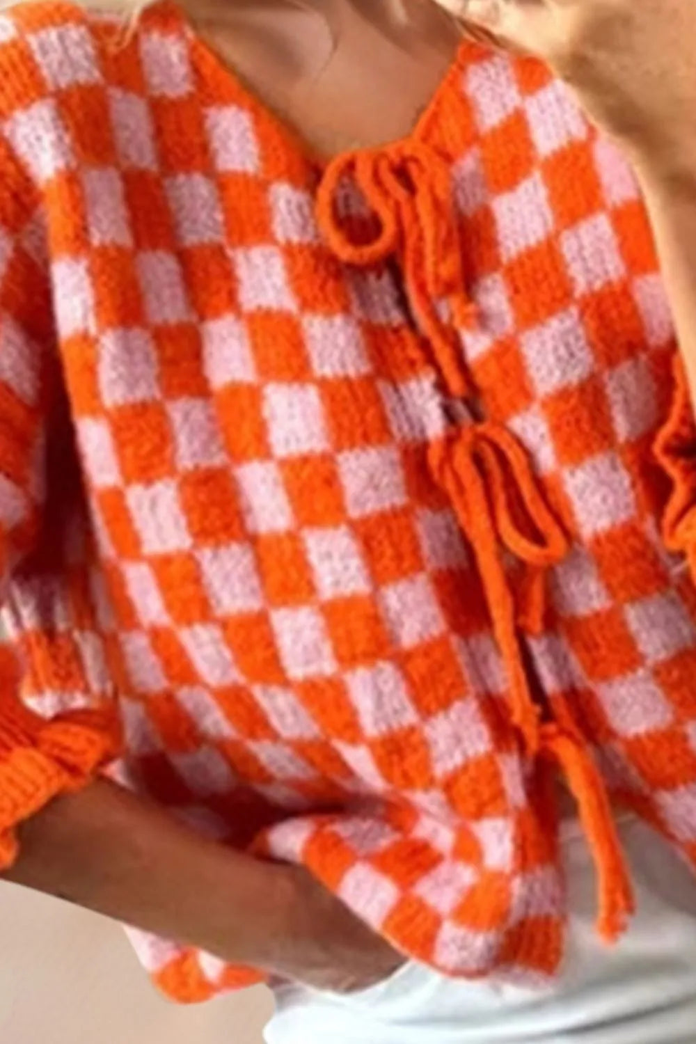 Tied Checkered Dropped Shoulder Flounce Sleeve Cardigan (10)