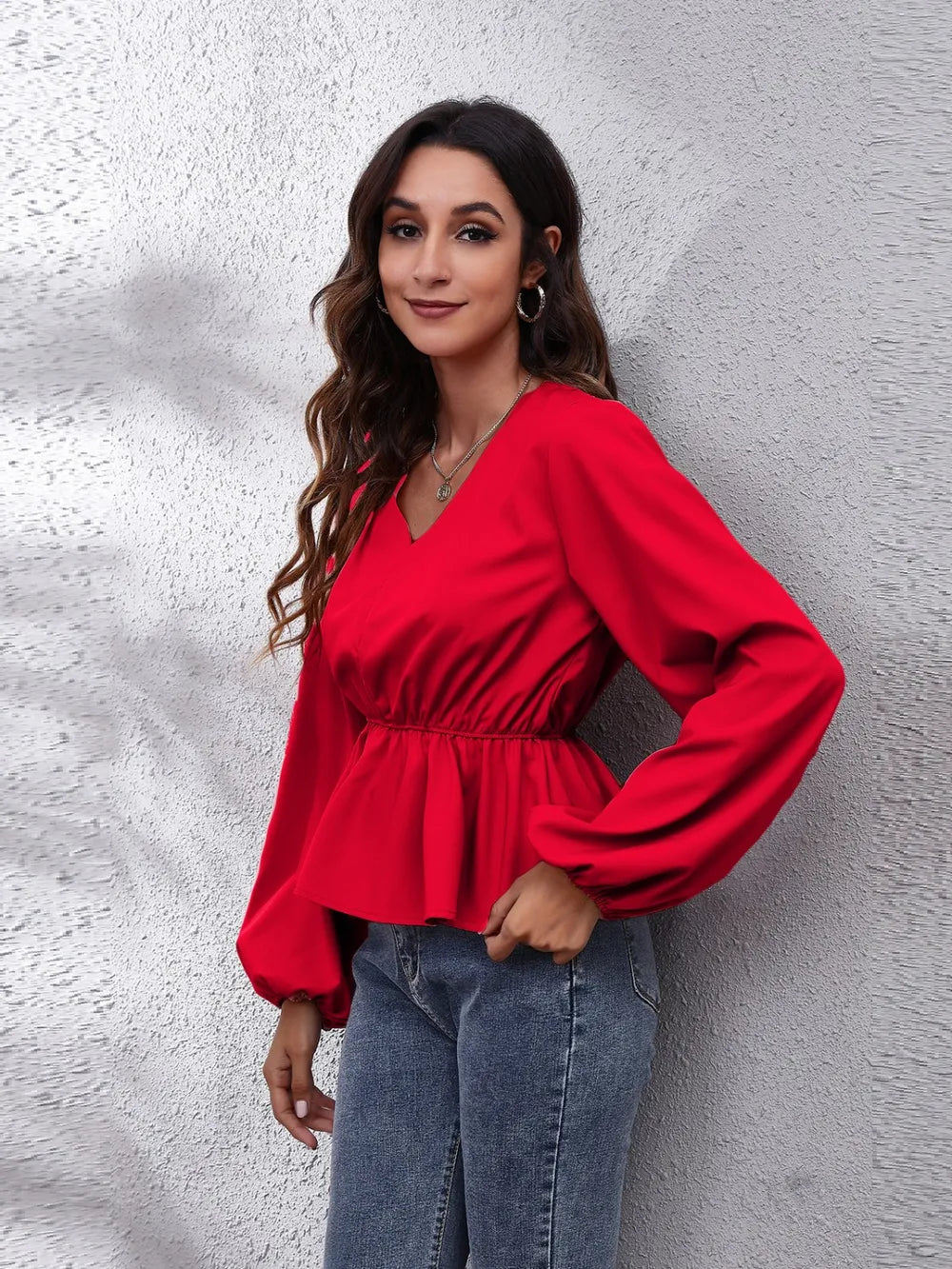 V-neck Balloon Sleeve Peplum Blouse (13)