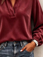 Full Size Corduroy Notched Long Sleeve Top Plus (12)