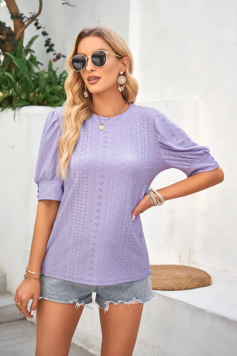 Openwork Round Neck Short Sleeve Blouse (2)