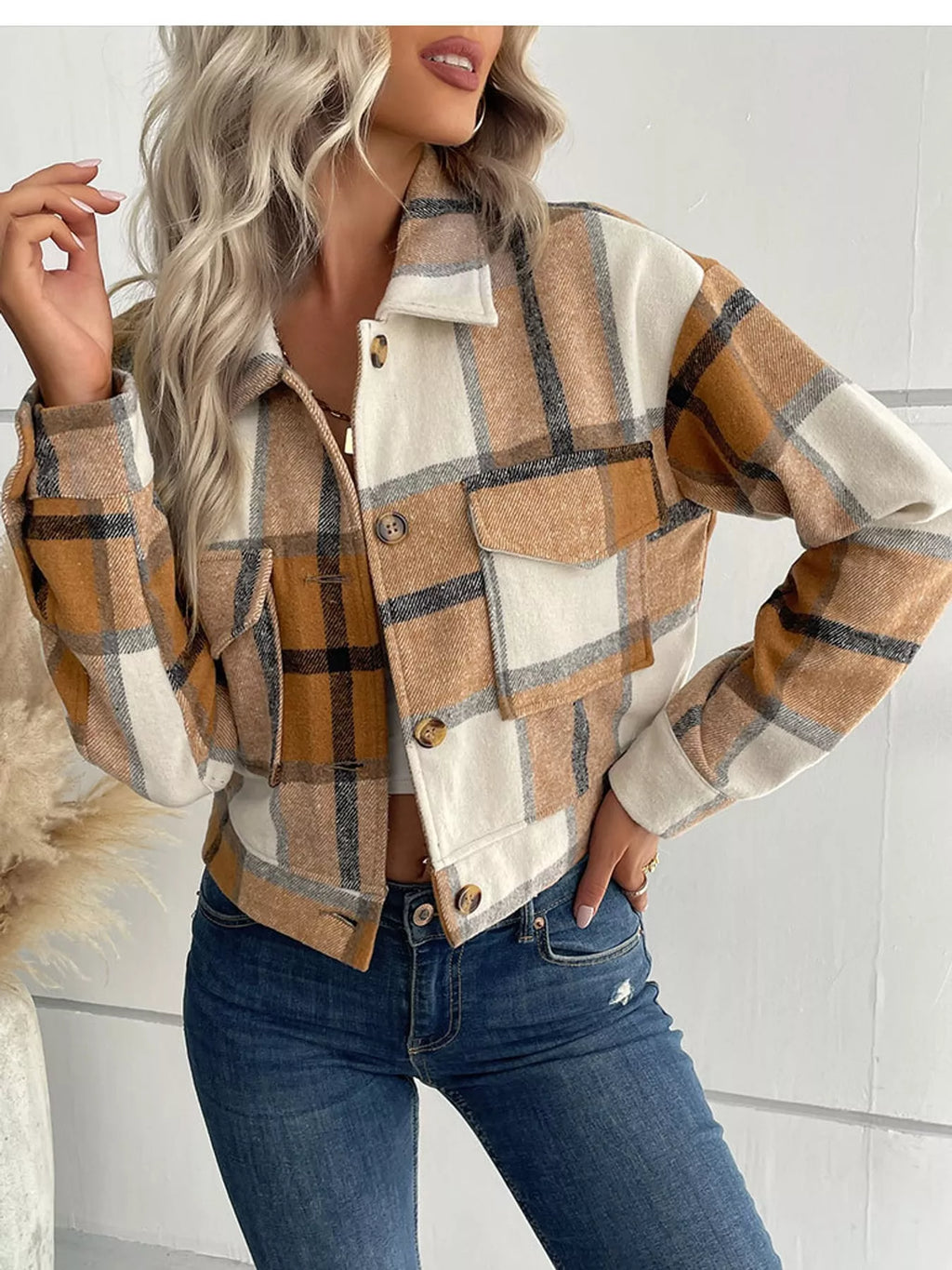 Plaid Button-front Cropped Jacket (14)