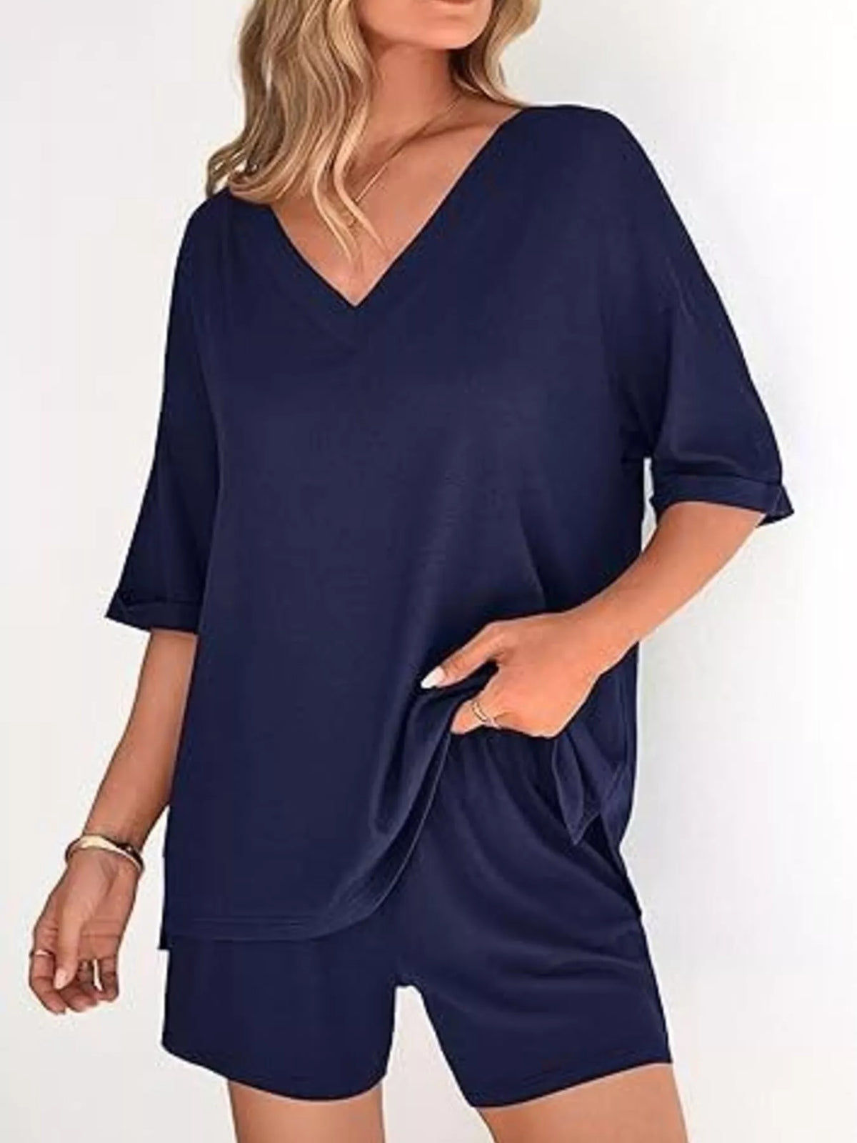 Solid Color V-neck Shorts Set (10)