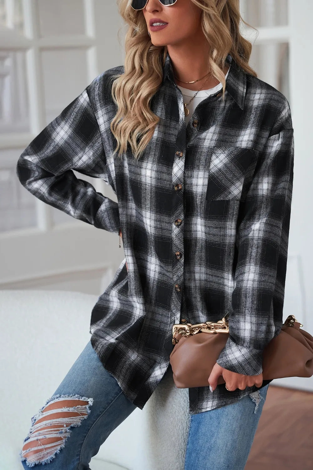 Plaid Button Up Dropped Shoulder Outerwear (6)