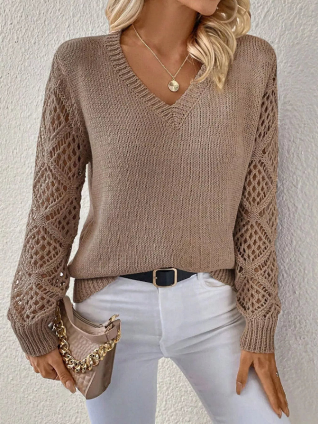 V-neck Crochet Sleeve Sweater (13)