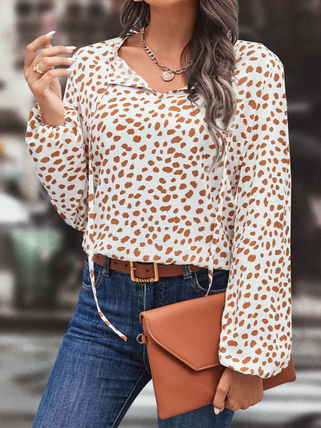 Printed Tie Neck Long Sleeve Blouse (11)