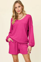 Full Size Texture V-neck Long Sleeve T-shirt Shorts Set