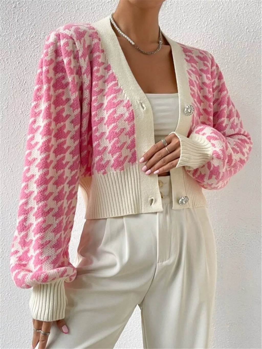 Houndstooth V-neck Button Up Cardigan (5)