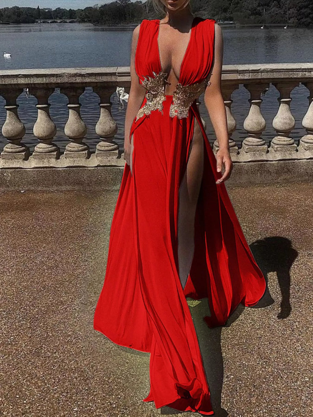 Deep V-neck High Slit Maxi Dress (5)
