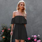 Off-the-shoulder One-shoulder Ruffle Dress variant CJLY1453415-Black-S|CJLY1453415-Black-M|CJLY1453415-Black-L|CJLY1453415-Black-XL